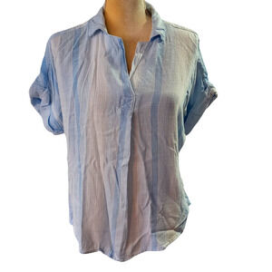 Thread & Supply Linen  Blue White Striped Short Sleeve V Neck Shirt Size Large